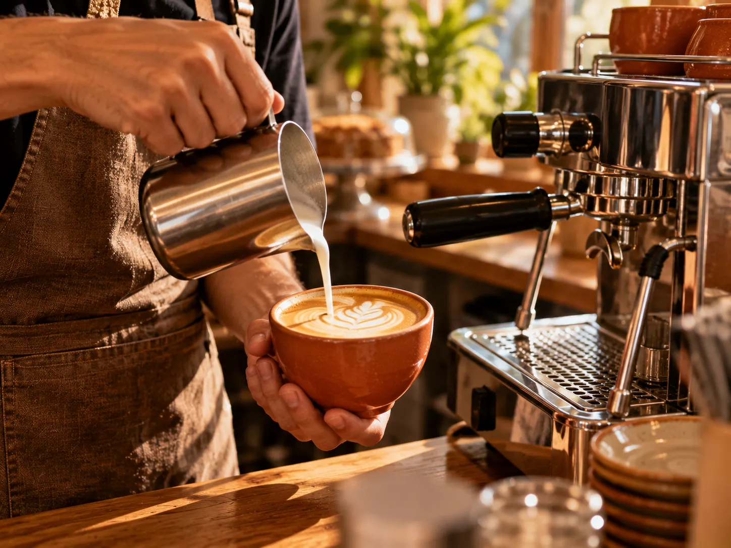 Barista przygotowuje kawę z ekspresu kolbowego