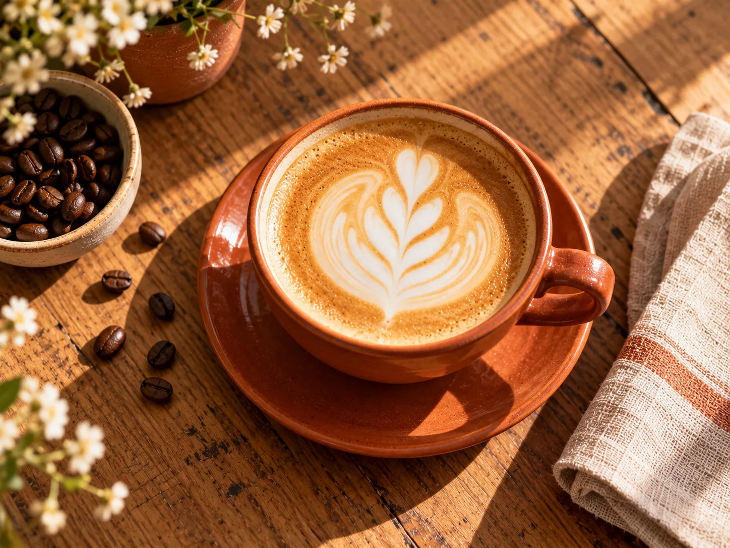 Flat white z wzorem w kształcie liścia