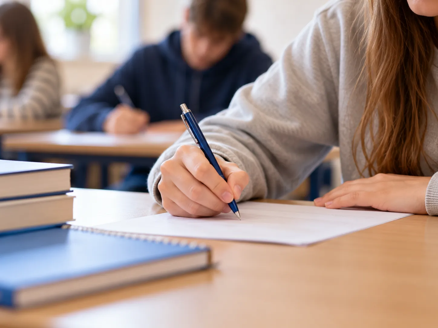 Uczeń rozwiązuje test przy biurku