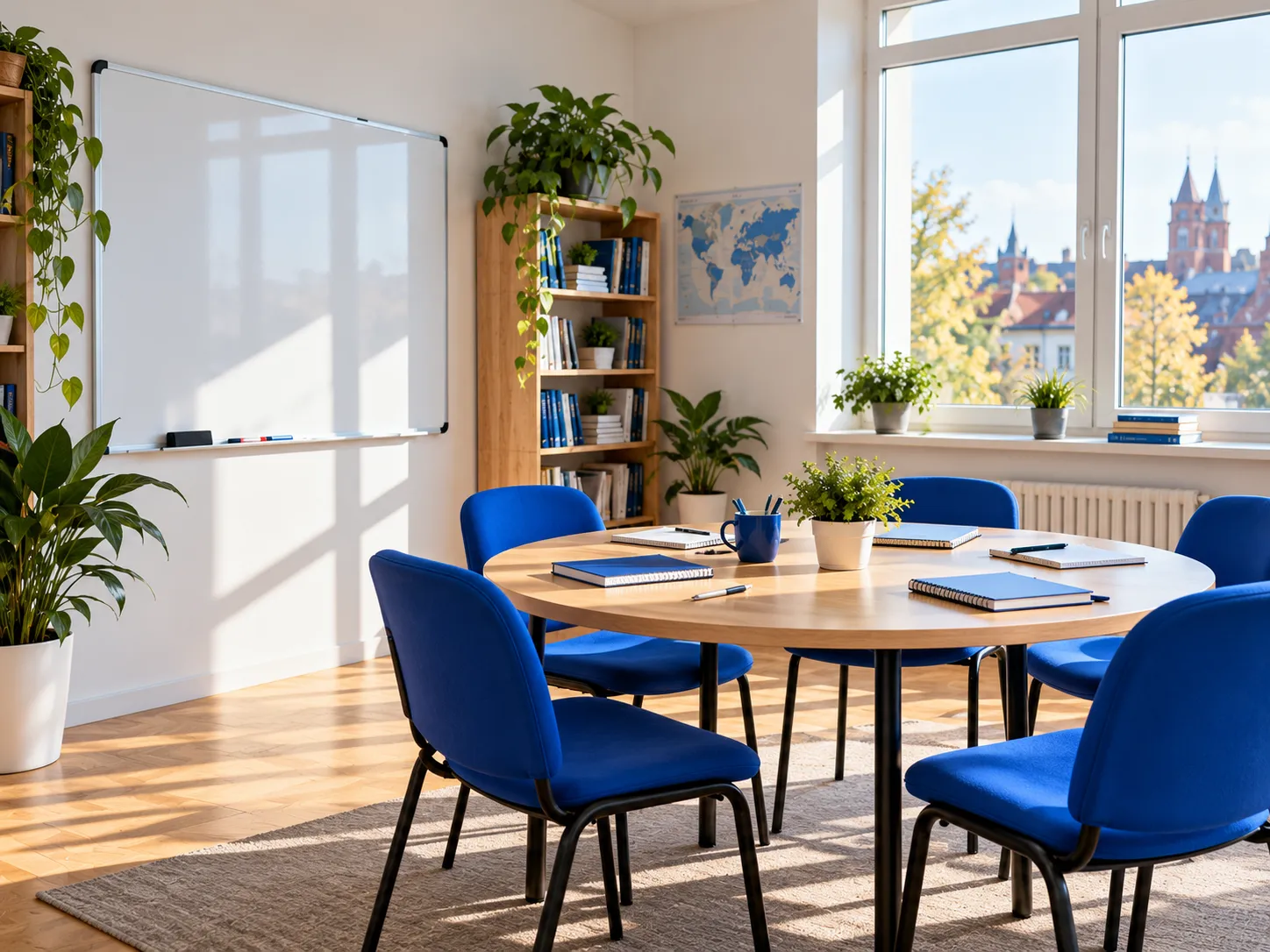 Sala lekcyjna z tablicą i okrągłym stołem
