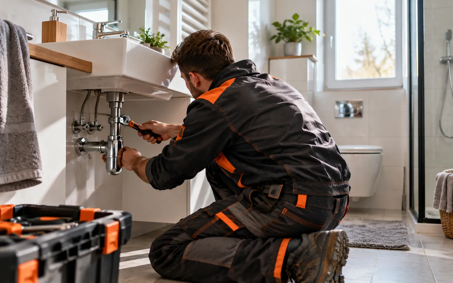 Instalator w roboczym ubraniu dokręca złączkę pod umywalką